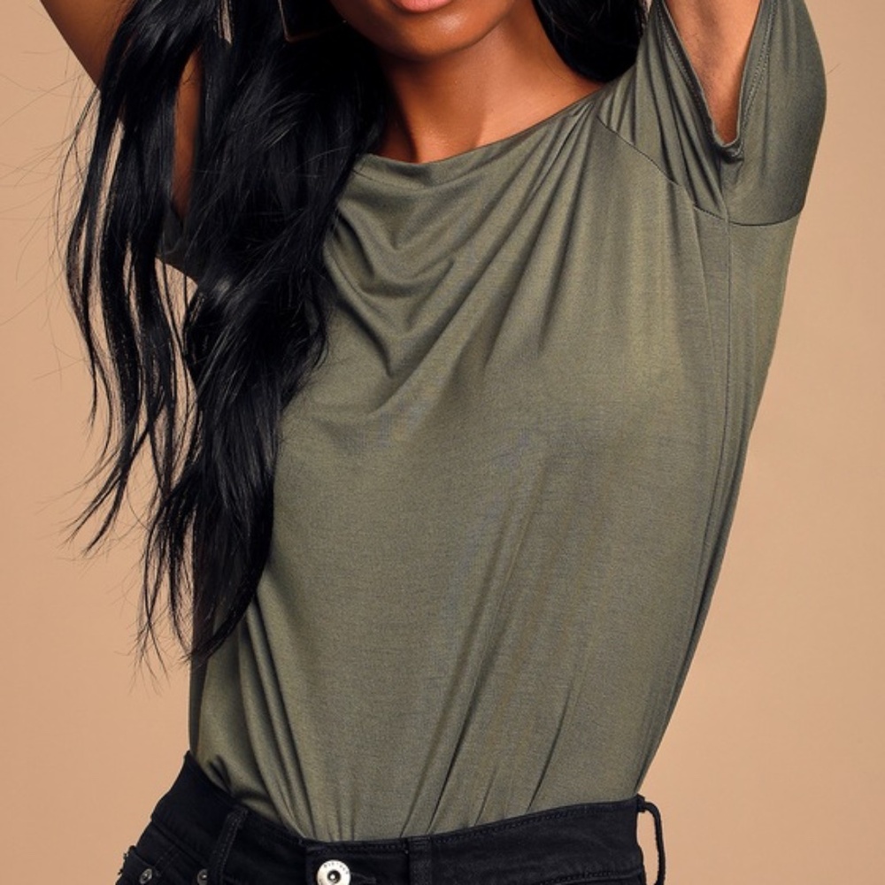 Lulus Basics Skyra Olive Green T-shirt Bodysuit - Size M